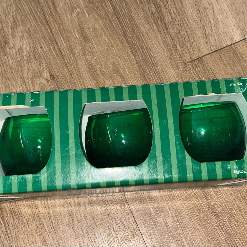 green glass votive candle holders made in Poland starburst/snowflake box Ai
